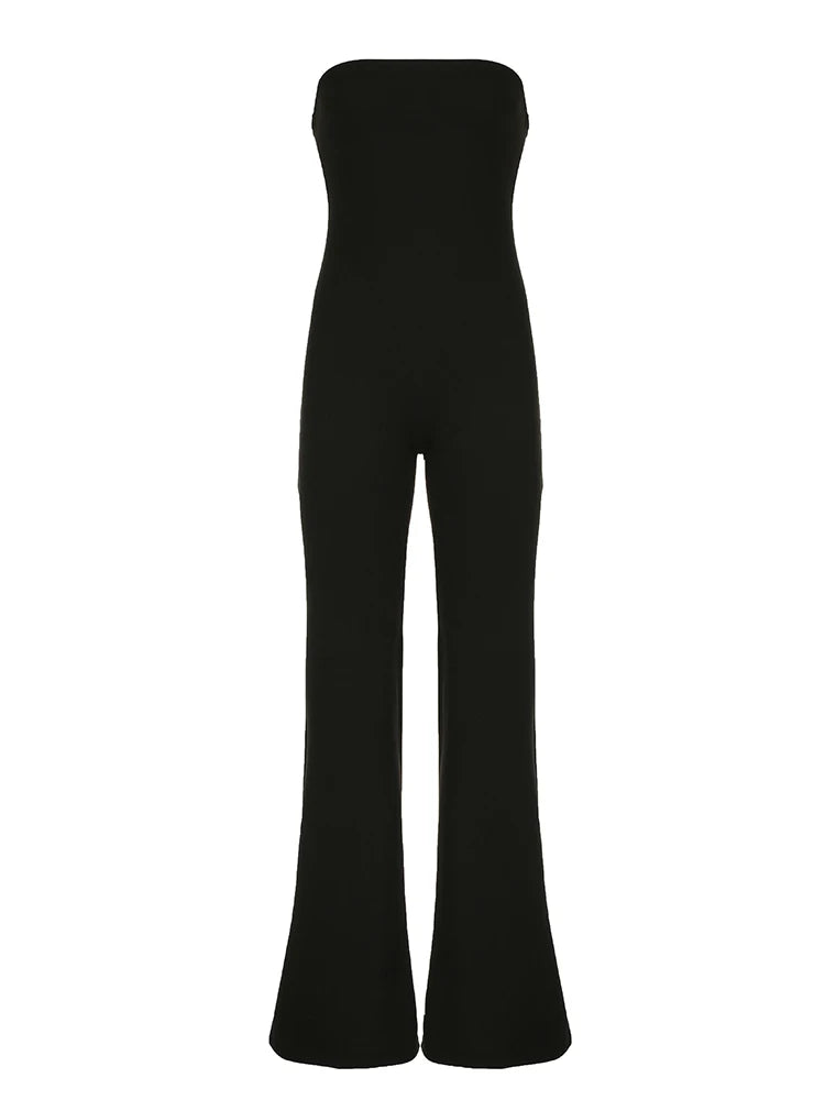 Sweetown Black Solid Strapless Elegant Long Jumpsuits For Women Slim Wide Leg Flared Rompers Simple Fashion Vacation Overalls