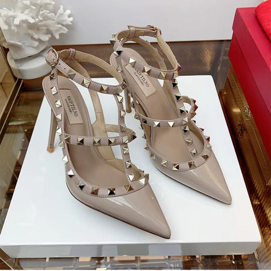 Genuine Leather Rivet Fashion Classic High Heels Summer Black Slim High Heel Sandals Pointed Women's Party Wedding Pumps 41
