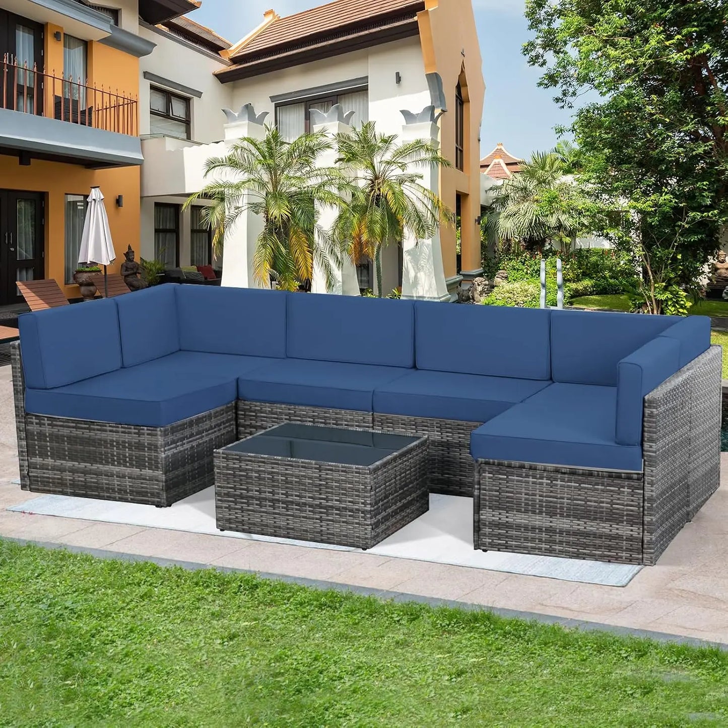 Patio Furniture Set 7 Pieces Patio Conversation Set Outdoor Sectional Wicker Rattan Sofa with All-Weather Cover, Patio Furniture with Pillows Fits Porch Garden Backyard BalconyOutdoor Sectional Furniture Chair Set FREE Shipping