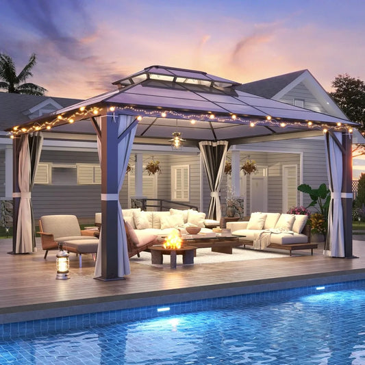 12x14FT Polycarbonate Hardtop Gazebo with Double Roof - Heavy-Duty Steel Frame Gazebo with Breathable Netting & Privacy Curtain for Patio, Porch, Garden, Lawn, Deck, Backyard Free Shipping