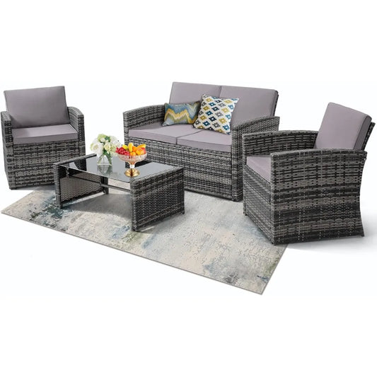 4 Piece Patio Conversation Set, Outdoor Wicker Sectional Furniture with Sofa, 2 Chairs, and Coffee Table, for Porch, Deck, Grey FREE SHIPPING