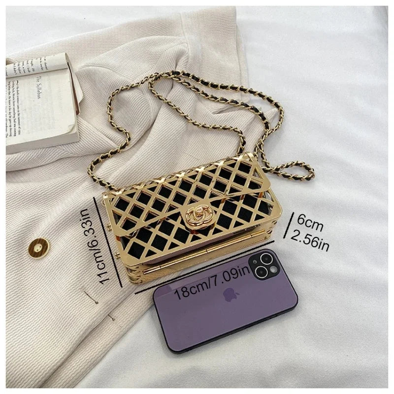 New Style Metal Small Square Handbag Lady Hollow Personality Elegant Evening Messenger Bag All-in-one Chain Shoulder Dinner Bags