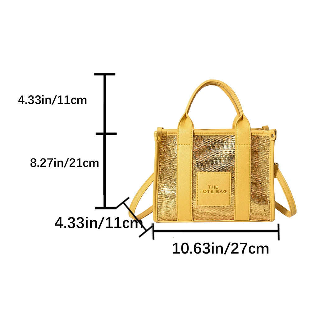 New The Tote Bag Letter Printed Sequins Top-Handle Bag Women Leather Handbag Luxury Designer Glitter Shoulder Crossbody Bag 2023