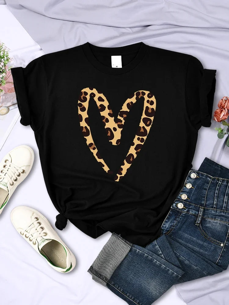 Hollow Out Leopard Print Love Tshirt Women Fashion Casual T Shirt Street Sport Soft Tee Shirt Breathable Street T Shirt Woman