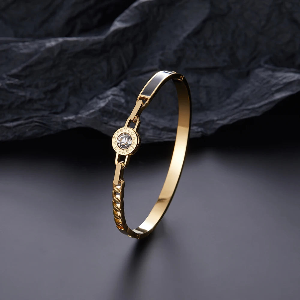 Classic letter cut black enamel gold plated stainless steel bracelet, high quality waterproof silver jewelry