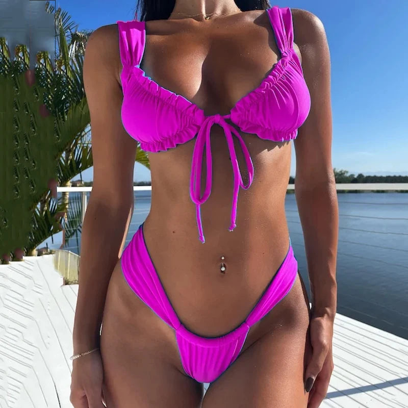 Summer Explosion Women's Swimwear Sexy Bikini Two-Piece Lace Up Pleated High Waist Holiday Set FRE shipping