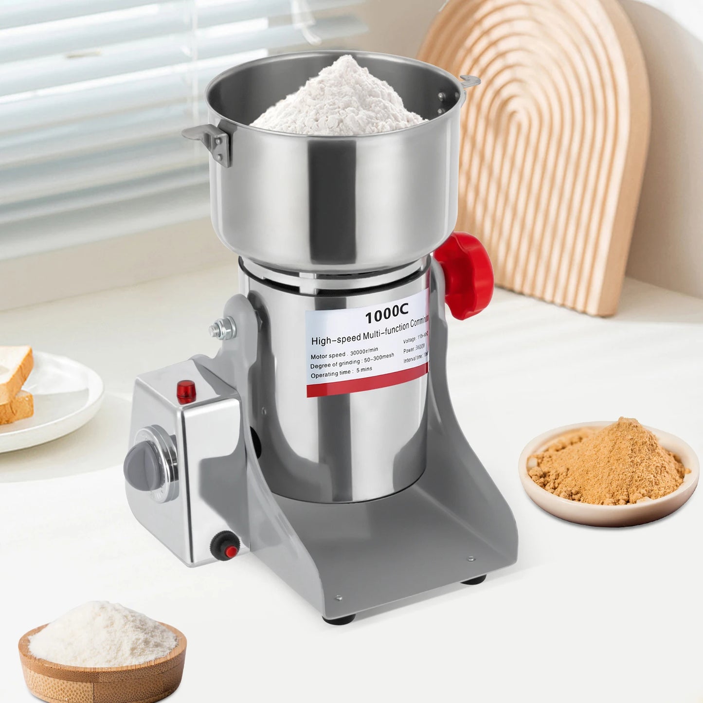 1000g/2.2 lbs Electric Food Grinding Machine Grain Mill 1-5 Minutes Timing for Homes Kitchen Corn Wheat Coffee Mill