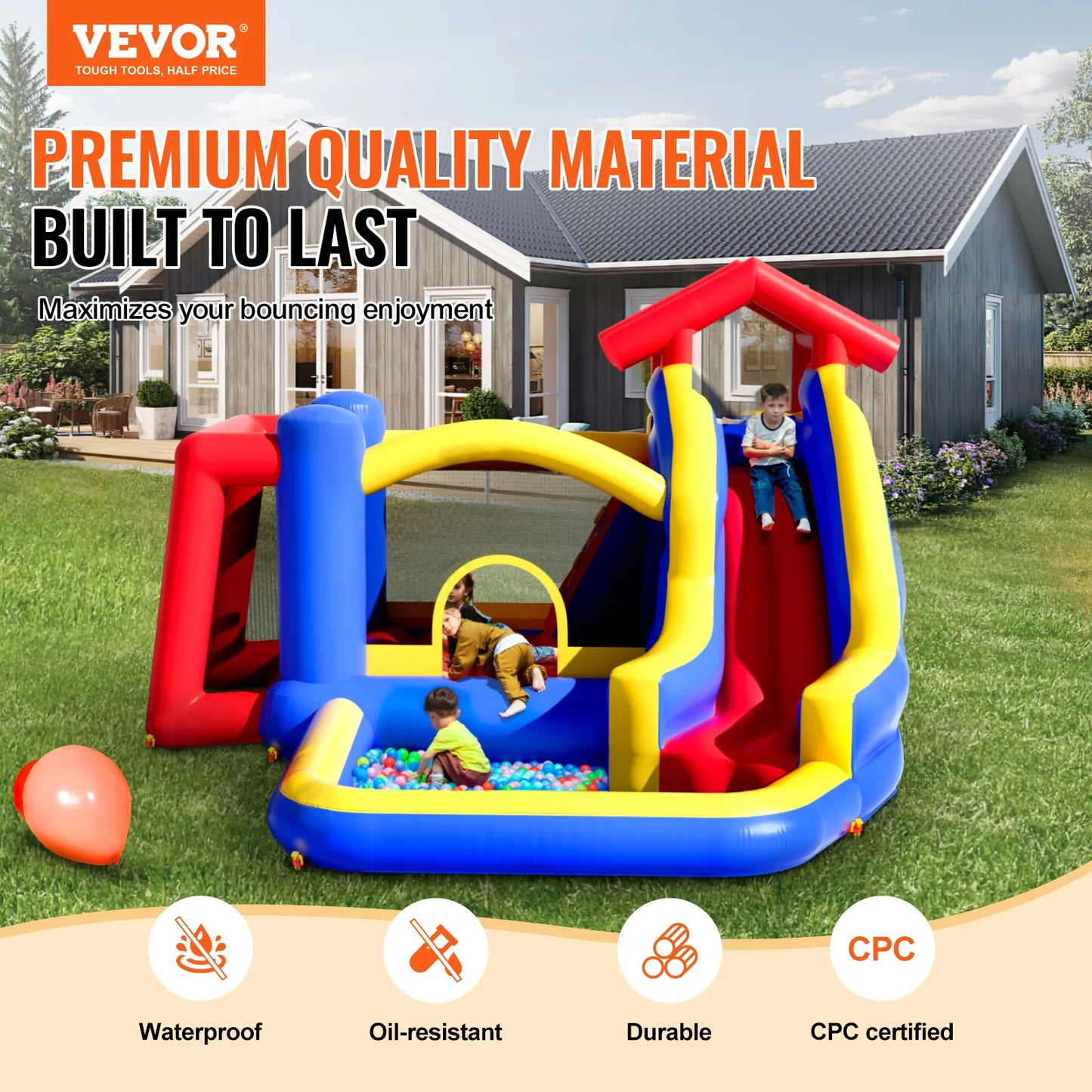 VEVOR Inflatable Bounce House Outdoor High Quality Playhouse Trampoline Jumping Bouncer for Kid Ages 3–8 Years 131x133x91 inch