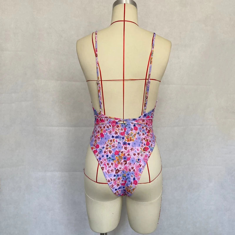BEACHCICI Women's Bikini One Piece Sexy Stylish Hotsweet Printed Suspender V Neck Lace Up Slim Backless Vacation Beach Swimsuit FREE Shipping