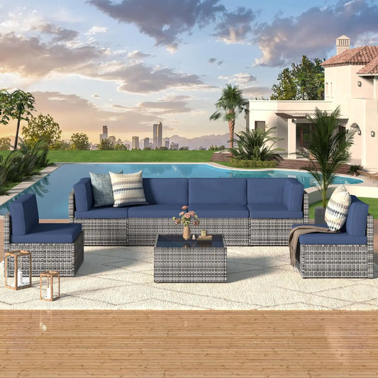 Patio Furniture Set 7 Pieces Patio Conversation Set Outdoor Sectional Wicker Rattan Sofa with All-Weather Cover, Patio Furniture with Pillows Fits Porch Garden Backyard BalconyOutdoor Sectional Furniture Chair Set FREE Shipping