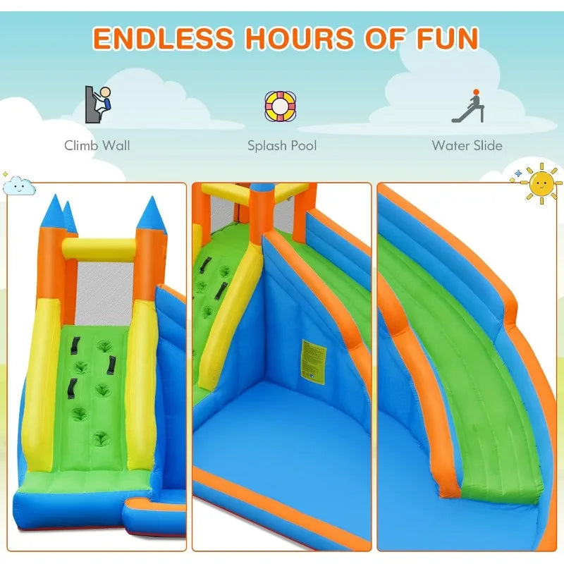 Inflatable Water Slide, Giant Bouncy Waterslide Park for Kids Backyard Outdoor Fun with Climbing Wall, Splash Pool