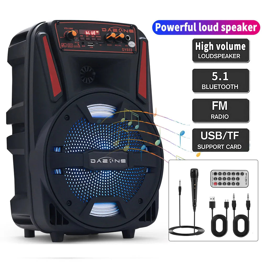8"1000W Portable Bluetooth Speaker Heavy Bass Sound System Party DJ With Remote and microphone Led Light USB TF Subwoofer Free Shipping