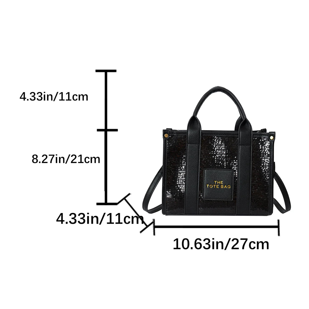 New The Tote Bag Letter Printed Sequins Top-Handle Bag Women Leather Handbag Luxury Designer Glitter Shoulder Crossbody Bag 2023