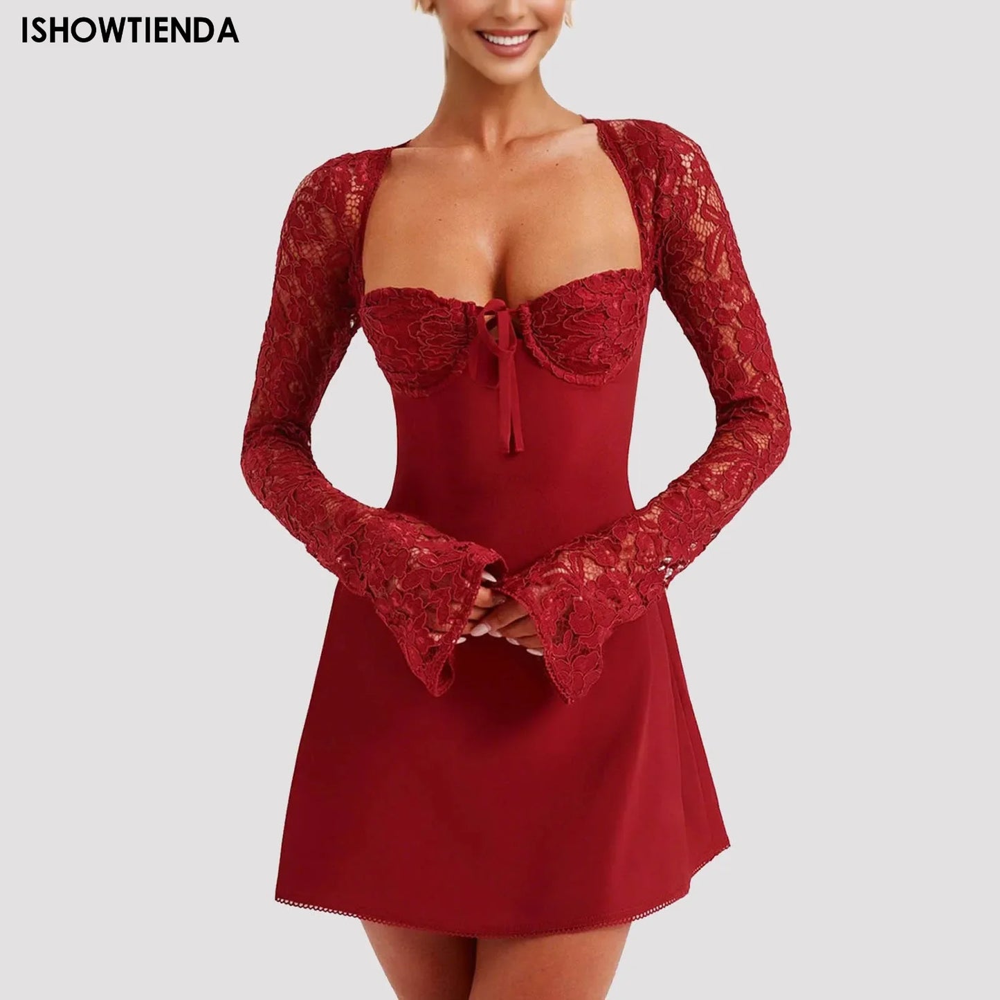 Women’s Elegant Bodycon Mini Dress Lace Long Sleeve White Dress For Spring Summer Low Cut Back Tie Dress Tunic Dress Party Wear Free Shipping