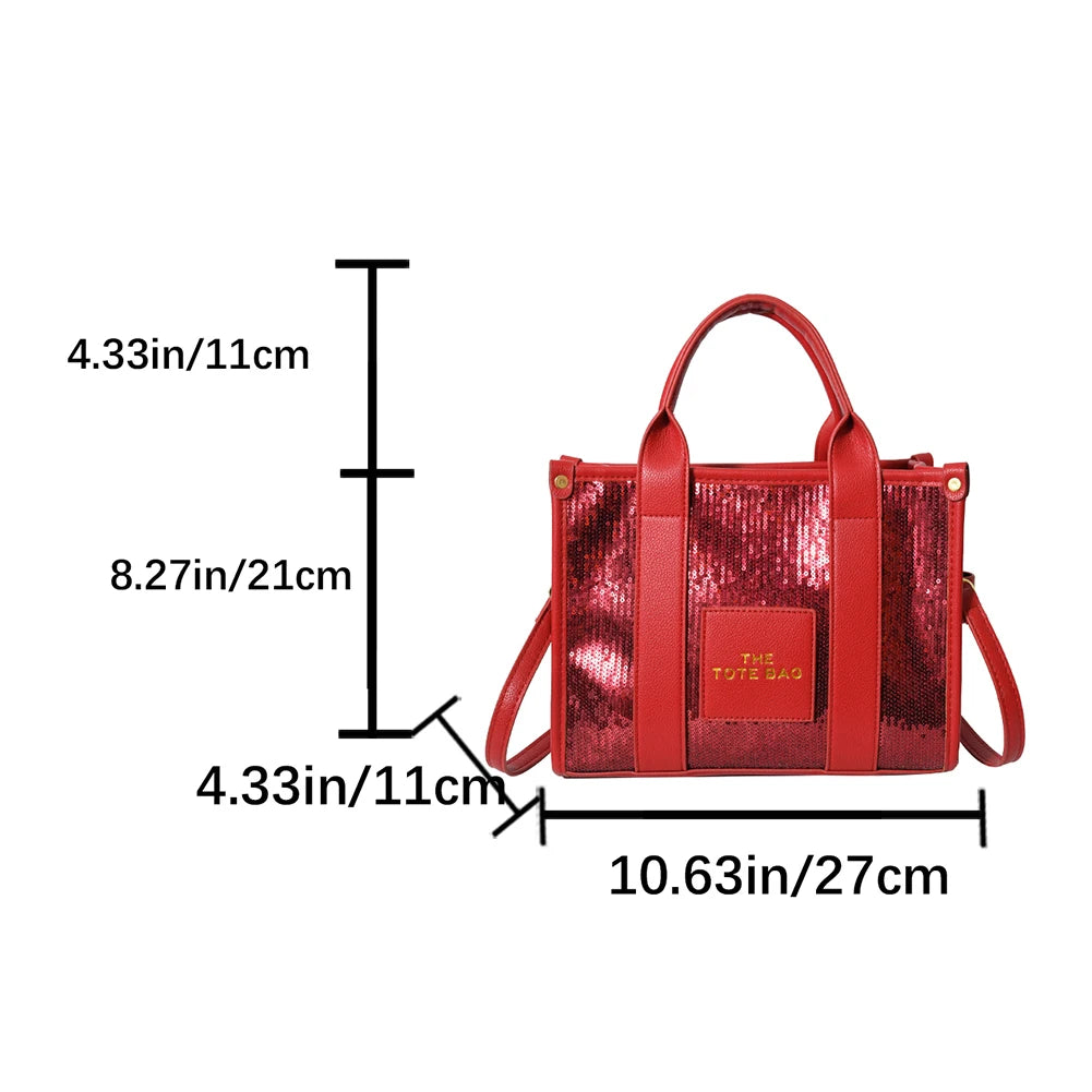New The Tote Bag Letter Printed Sequins Top-Handle Bag Women Leather Handbag Luxury Designer Glitter Shoulder Crossbody Bag 2023