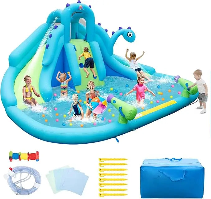 Inflatable Water Slide, Dinosaur Water Bounce House Park for Kids and Adults Outdoor, Dual Slides & Splash Pool, Wet Dry Combo FREE SHIPPING
