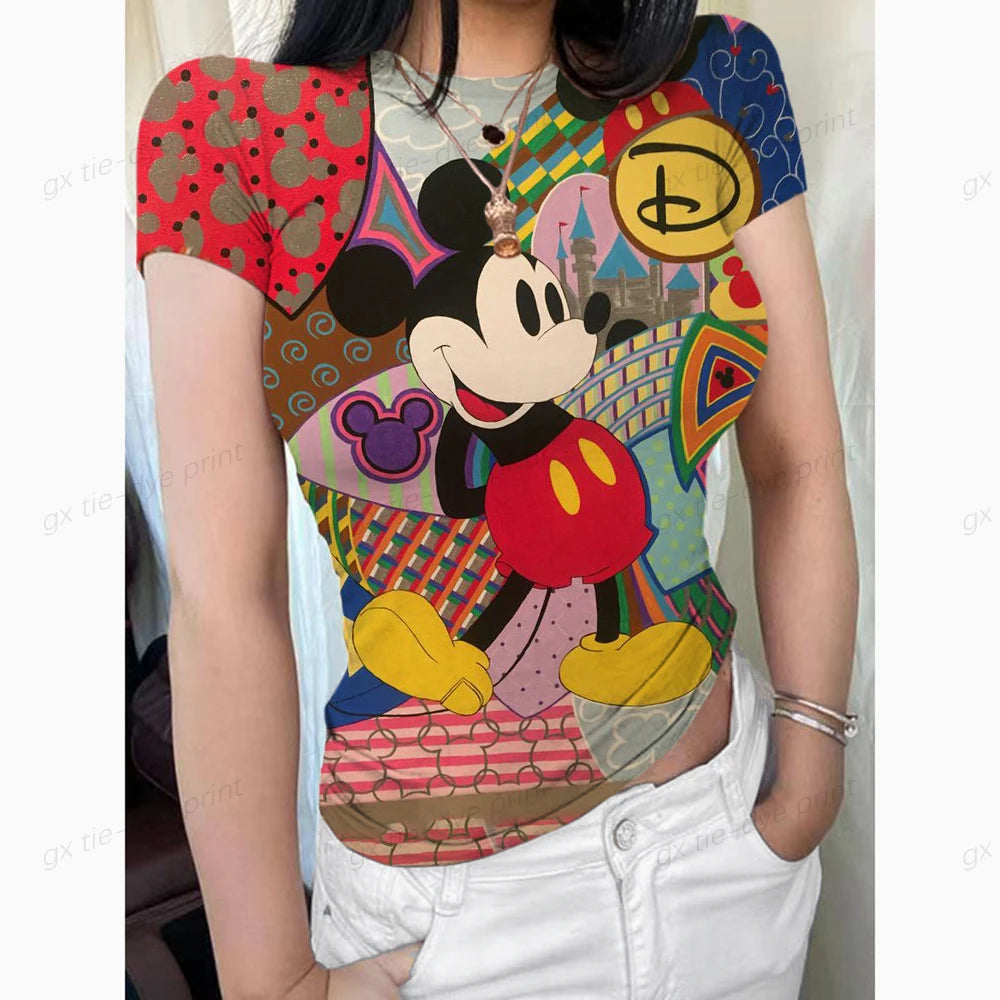 Mickey Mouse Women's Crew Neck Short Sleeve Tops Double Lined Slim Fit T Shirts Basic Tee Smoke Cloud Pro Collection