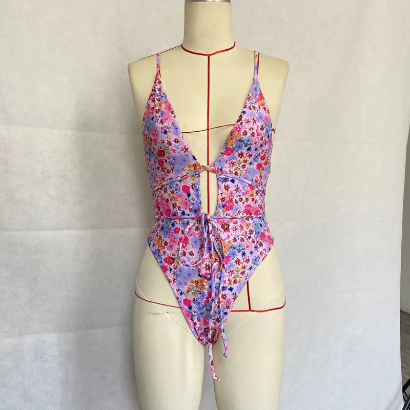 BEACHCICI Women's Bikini One Piece Sexy Stylish Hotsweet Printed Suspender V Neck Lace Up Slim Backless Vacation Beach Swimsuit FREE Shipping