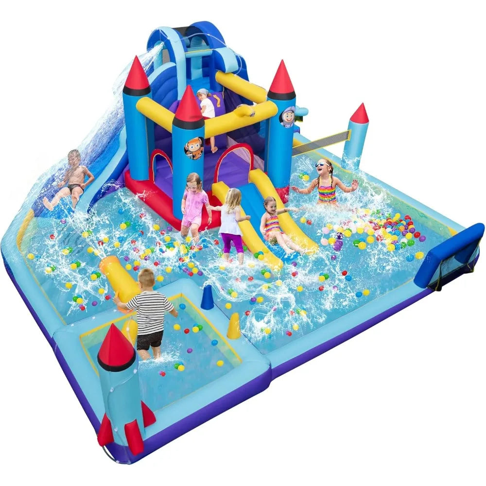 Inflatable Water Slide, Giant Waterslide Park Bounce House, Splash Pool, Volleyball & Football Goal, Blow Up Slides Inflatables