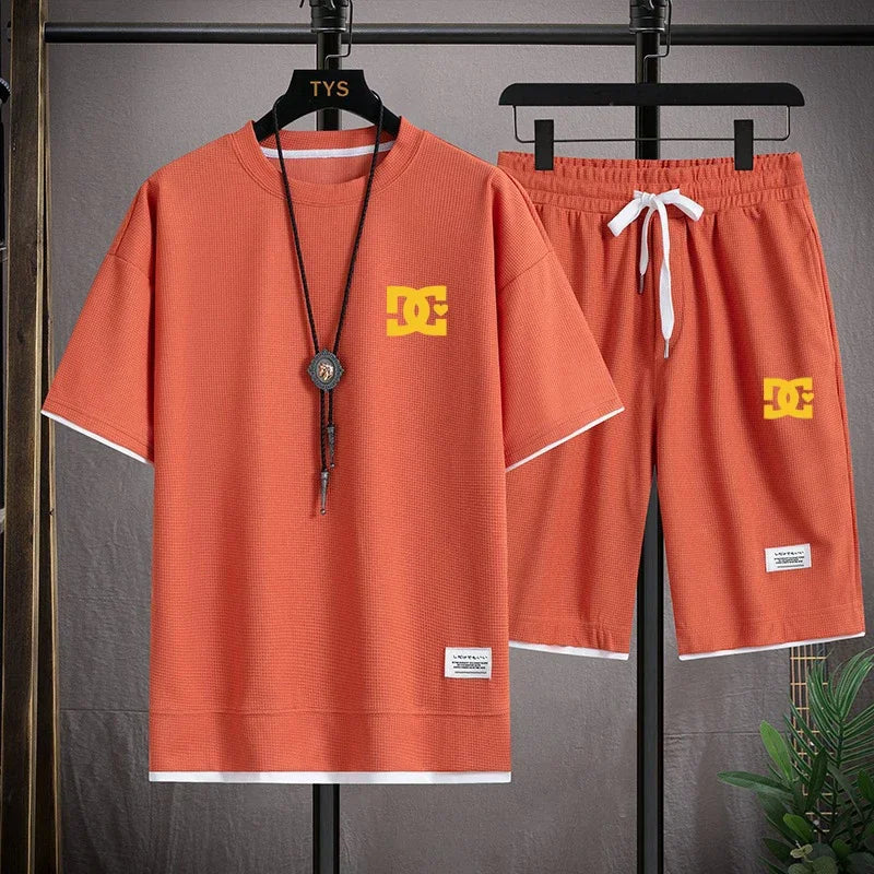 Men's two-piece summer suit, casual T-shirt and shorts, sportswear, fashion sweatshirt, couple short-sleeved suit
