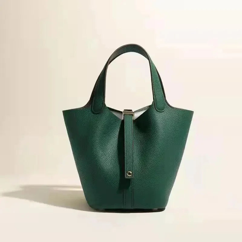 Pikotin Women's Handbag Large Capacity Togo Leather Bucket Bag Headlayer Cow Leather Water Bucket Shape