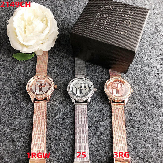 Carolina Herrera Elegant Logo Fashion Mesh Crystal Watch Design Sense Brand Stainless Steel Women's Watch Temperament High-end Diamond Watch FREE SHIPPING
