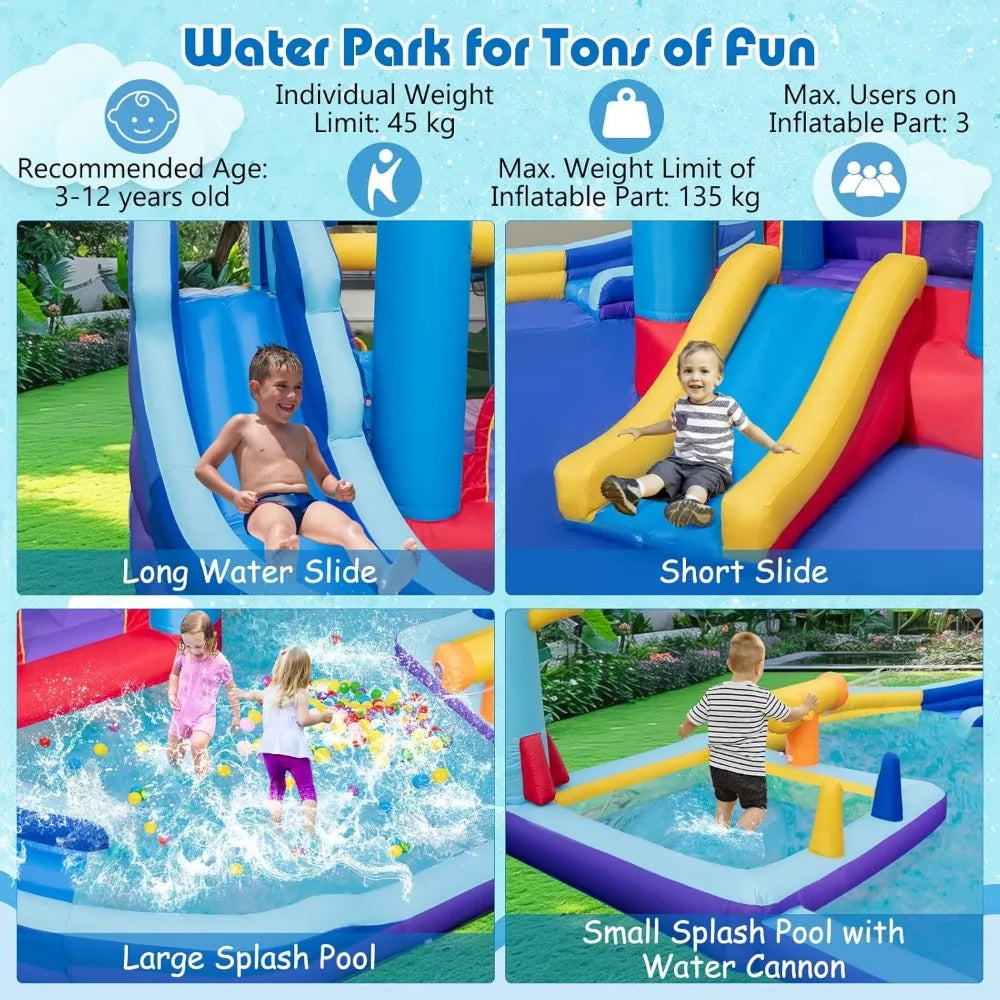 Inflatable Water Slide, Giant Waterslide Park Bounce House, Splash Pool, Volleyball & Football Goal, Blow Up Slides Inflatables