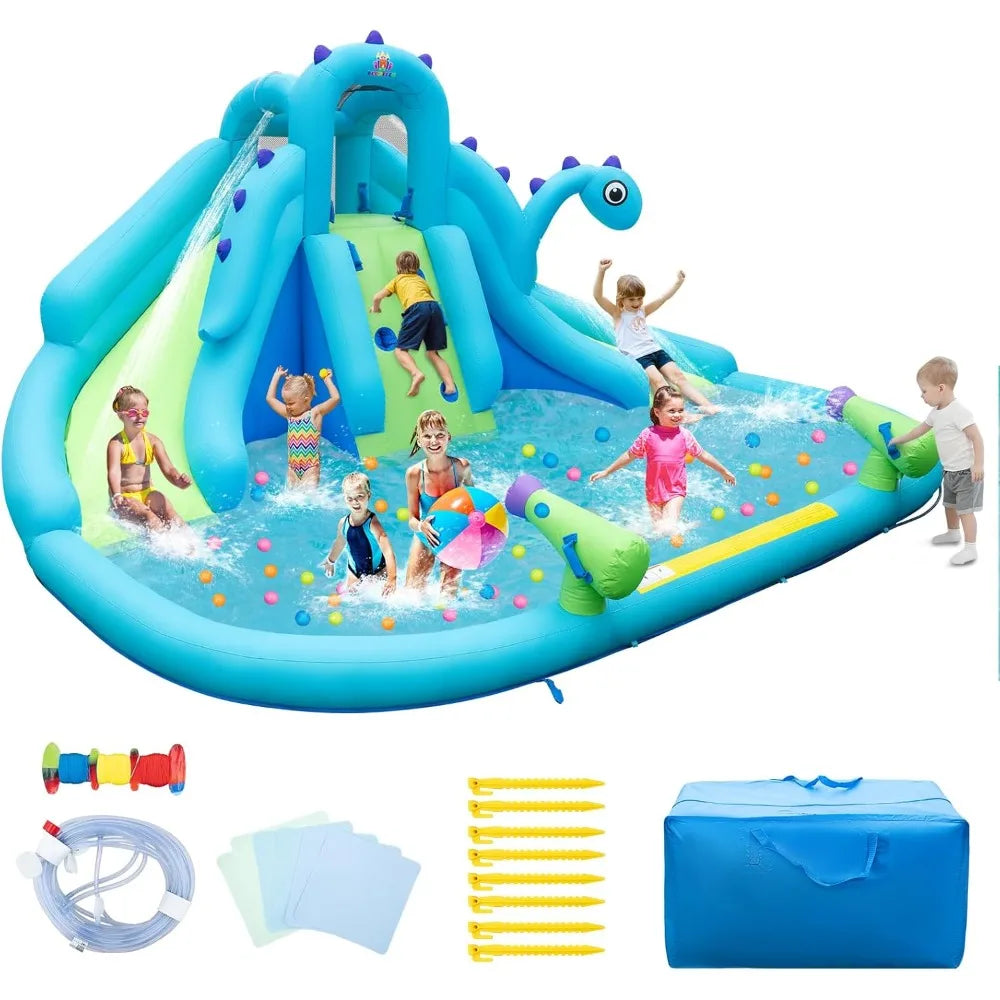 Inflatable Water Slide, Dinosaur Water Bounce House Park for Kids and Adults Outdoor, Dual Slides & Splash Pool, Wet Dry Combo FREE SHIPPING