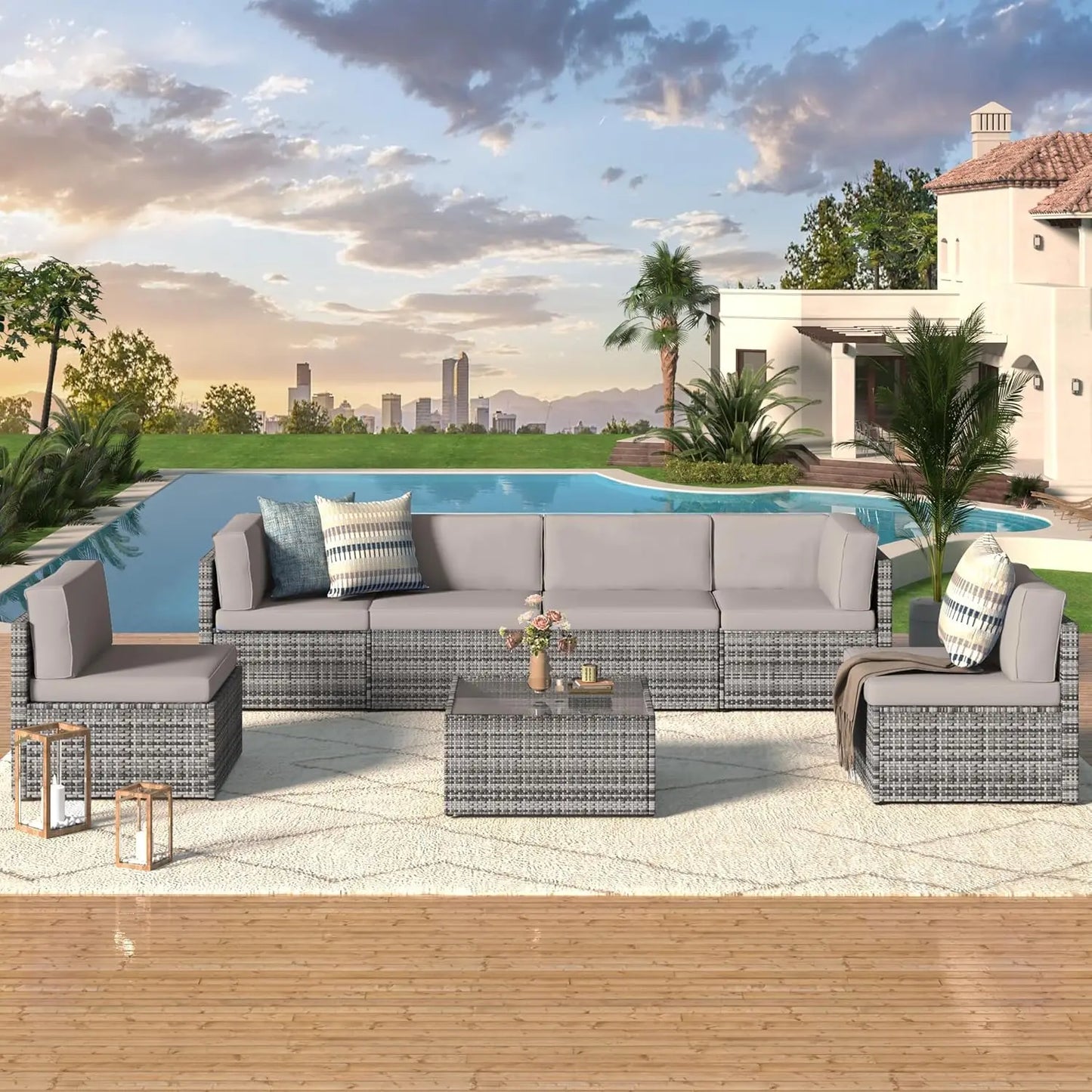 Patio Furniture Set 7 Pieces Patio Conversation Set Outdoor Sectional Wicker Rattan Sofa with All-Weather Cover, Patio Furniture with Pillows Fits Porch Garden Backyard BalconyOutdoor Sectional Furniture Chair Set FREE Shipping