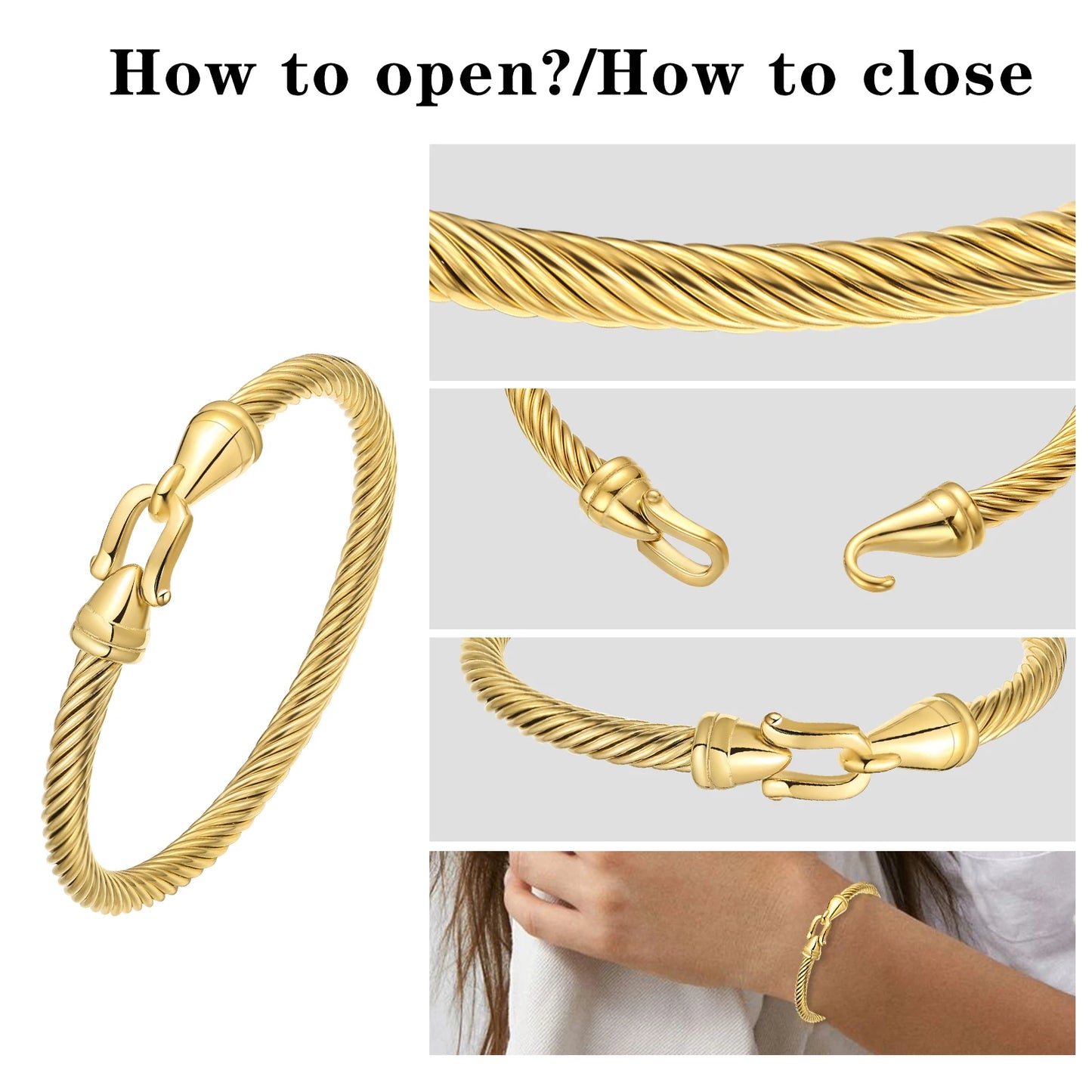 Stainless Steel Twisted Cable Wire Bracelets with Hook Clasp Stylish Roman Digital Bangle Bracelet for Women Girls