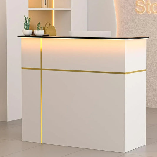 Reception Desk with Counter, Modern Front Table Equipped Lockers & Storage Shelves, 50-inch Checkout Counter with LED Lights & DIY Stripe for Lobbies, Salons, Retail, Home Offices, Reception Room FREE Shipping