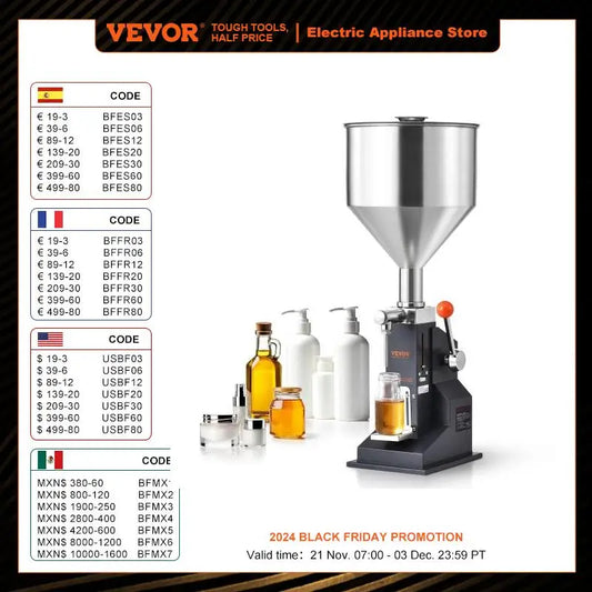 VEVOR A03 5-50ml/5-100ml Manual Liquid Filling Machine Paste Bottle Filler Adjustable with Hopper for Water Juice Shampoo Honey FREE Shipping