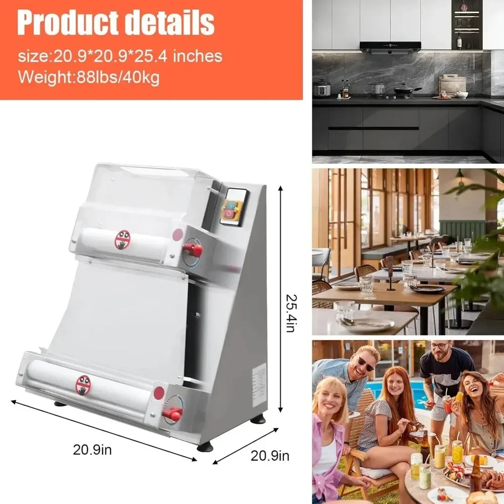 370W 110V Commercial Dough Roller Sheeter, Electric Pastry Press Making Machine, Pizza Press Pizza Thickness Adjustable