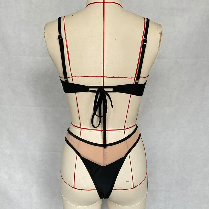 BEACHCICI Bikinis 2 Piece Set Women Summer Fashion Sexy Patchwork Suspender Hollow Out Sheer Backless Lace Up Top With Pants Set FREE Shipping