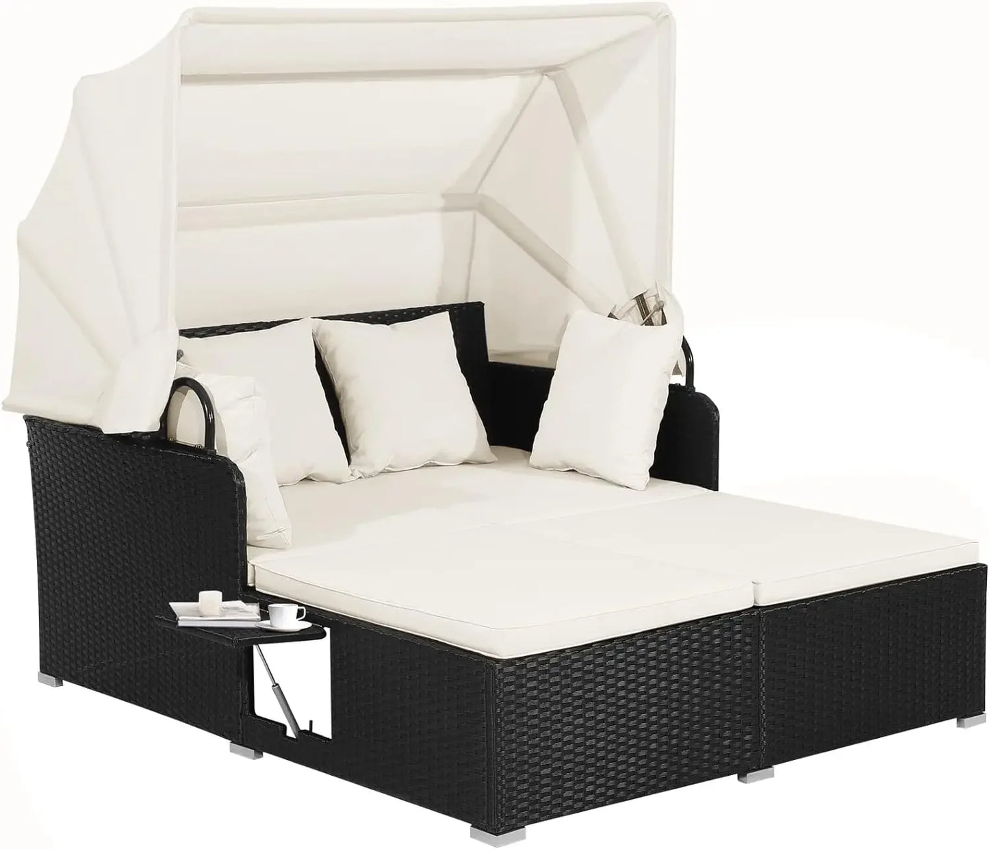 Patio Rattan Daybed with Retractable Canopy, Patiojoy Wicker Sun Lounger with 2 Foldable Side Panels, Thick Seat & Back Cushions FREE Shipping