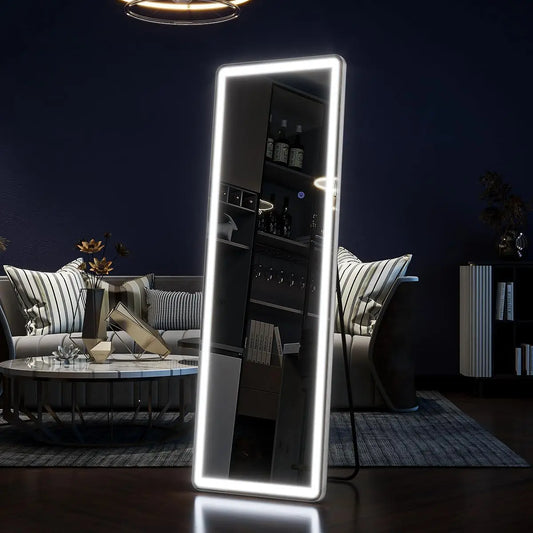 63"x20" Full Length Mirror with Lights,LED Mirror Full Length,Lighted Floor Mirror with Stand,Full Body Mirror with Dimming Free Shipping