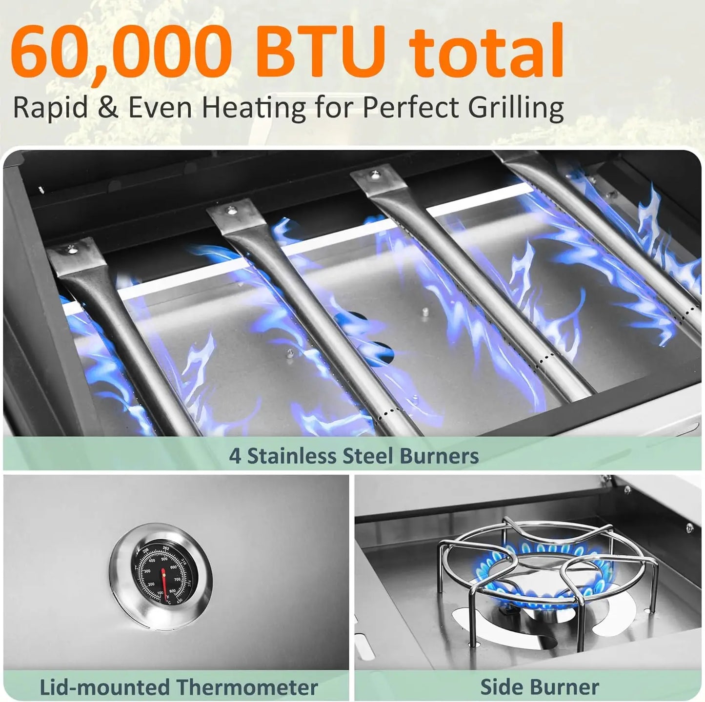 Propane Gas Grill 4 Burners with Side Burner, Stainless Steel Grill Cart with Wheels for Outdoor Patio Garden Backyard Cooking FREE Shipping