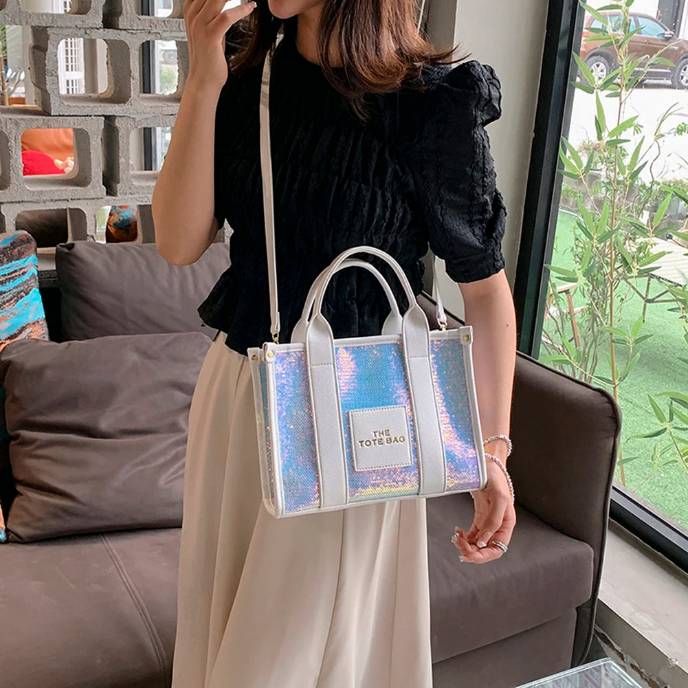 New The Tote Bag Letter Printed Sequins Top-Handle Bag Women Leather Handbag Luxury Designer Glitter Shoulder Crossbody Bag 2023