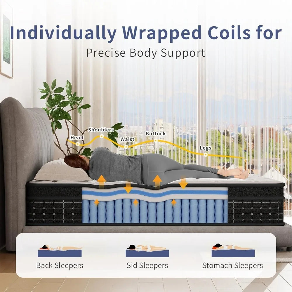 12 Inch Queen Mattress,Queen Size Mattresses in a Box, Individually Wrapped Pocket Coils for Isolate Motion,Pressure Relief, free shipping
