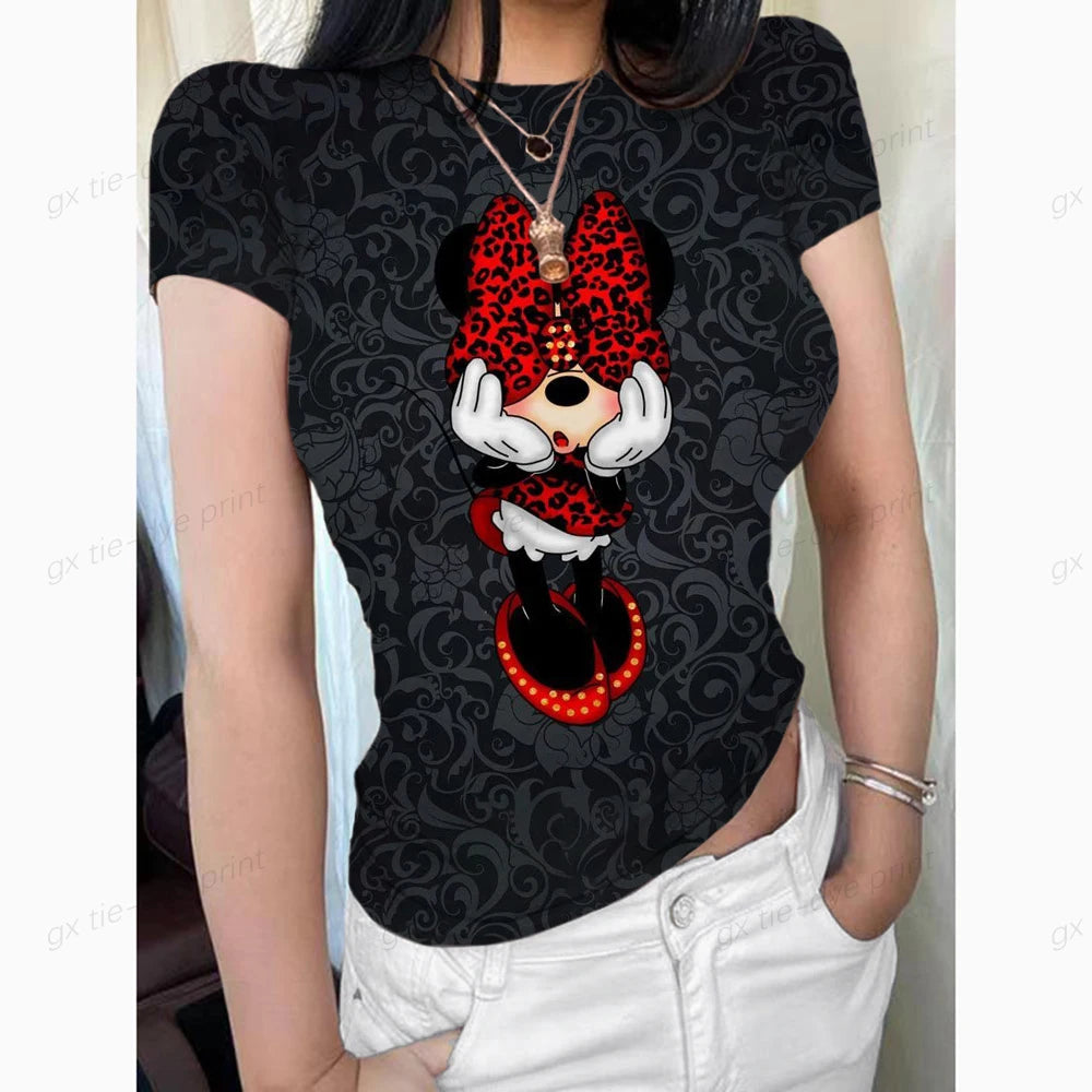 Mickey Mouse Women's Crew Neck Short Sleeve Tops Double Lined Slim Fit T Shirts Basic Tee Smoke Cloud Pro Collection
