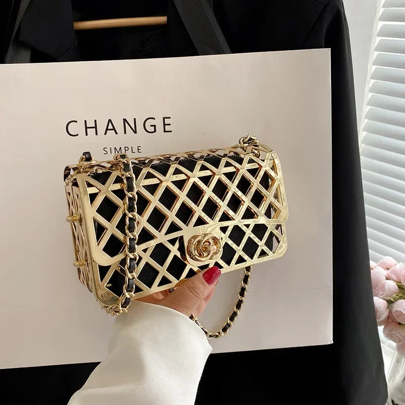New Style Metal Small Square Handbag Lady Hollow Personality Elegant Evening Messenger Bag All-in-one Chain Shoulder Dinner Bags