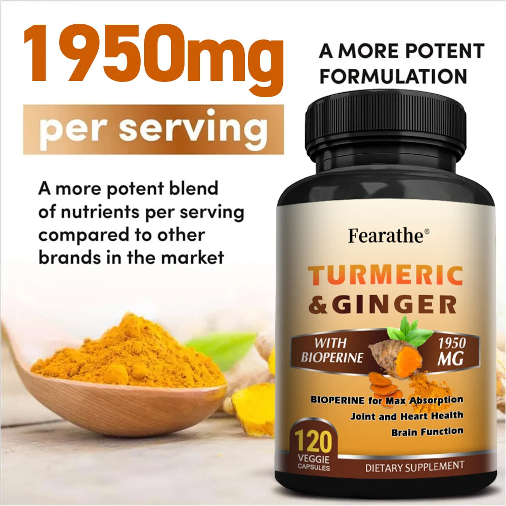 Turmeric Ginger Capsules with BioPerine 1950 Mg - Black Pepper for Better Absorption, Natural Joint, Heart and Brain Support FREE Shipping