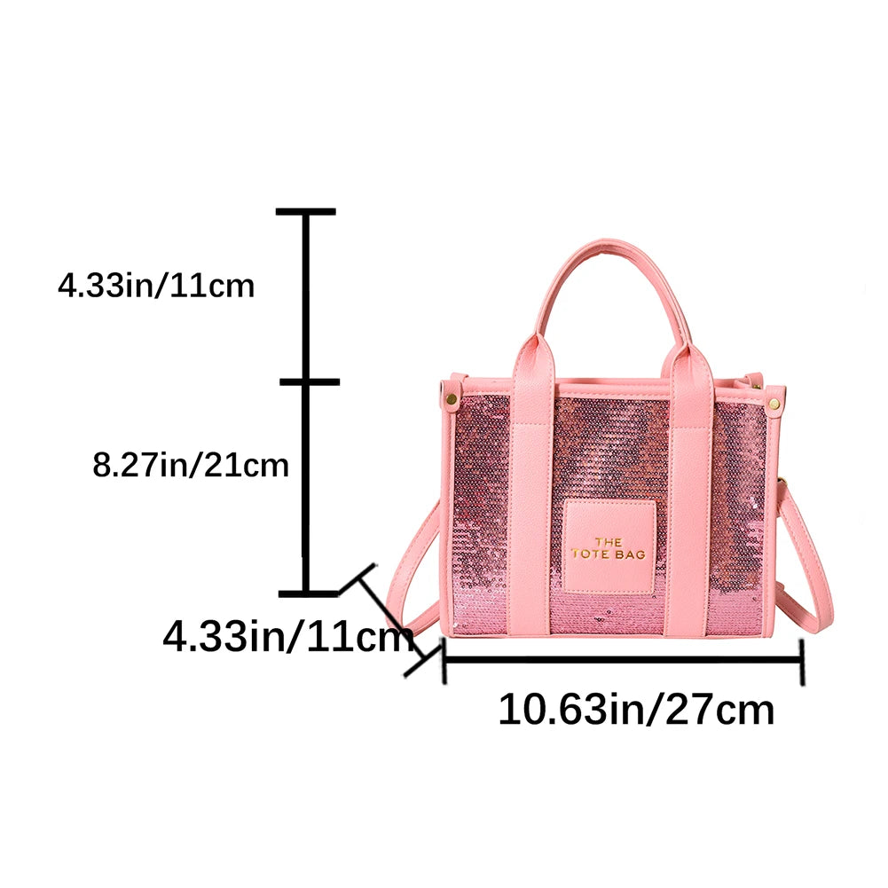 New The Tote Bag Letter Printed Sequins Top-Handle Bag Women Leather Handbag Luxury Designer Glitter Shoulder Crossbody Bag 2023