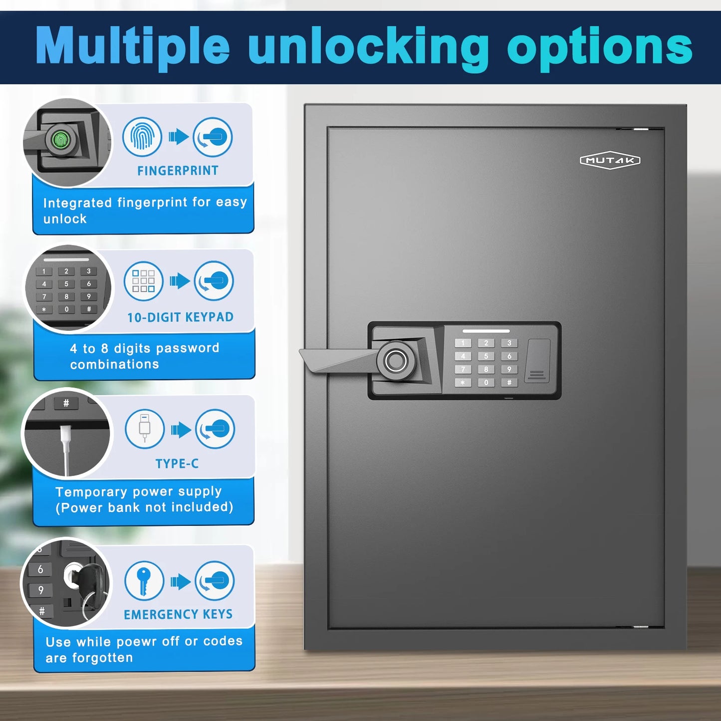 Mutak 2.0 Cub Biometric Home Safe w/ Fireproof Bag&Alarm,Office Home Security Safe Fingerprint Jewelry Valuables Money Safe Box