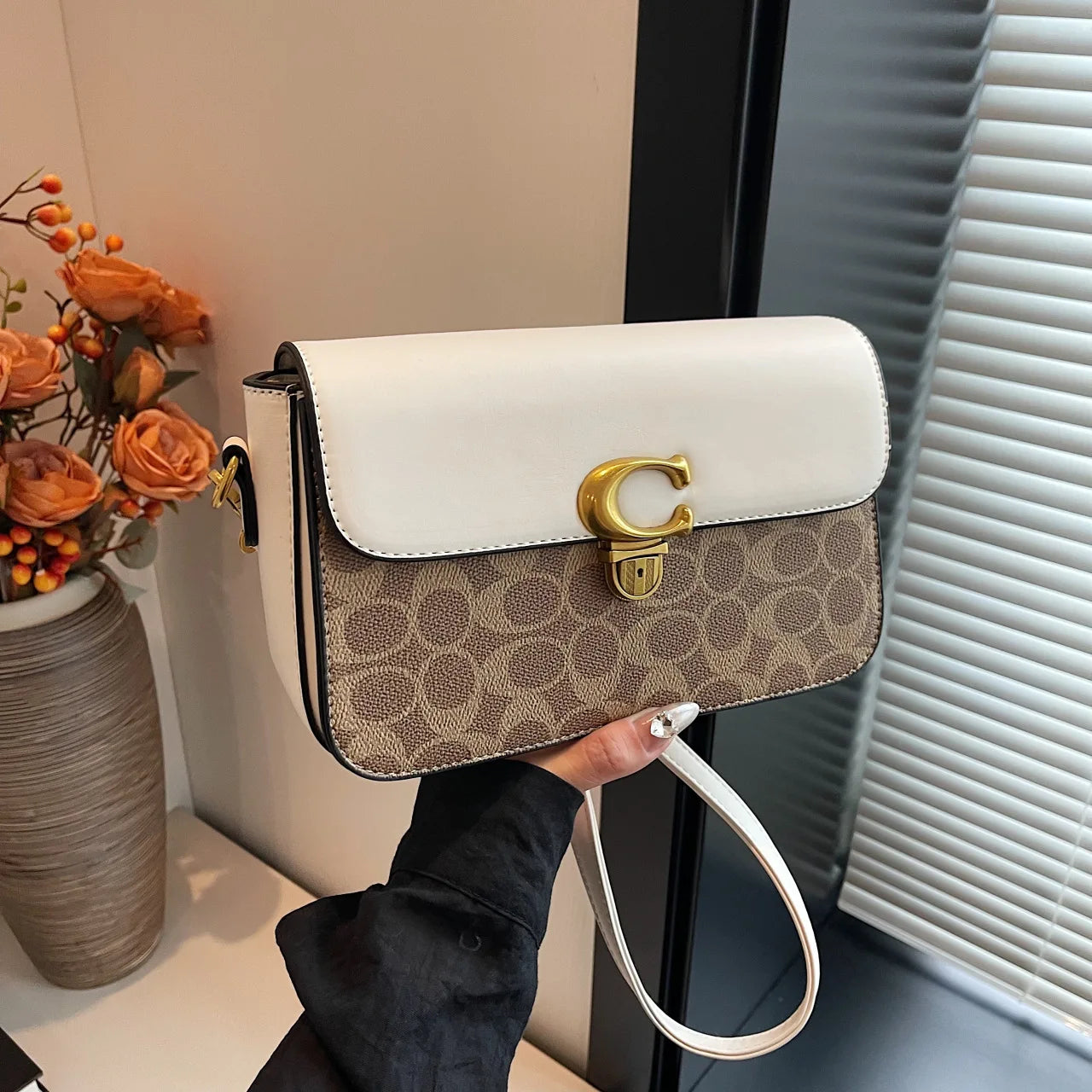 COACH Old Flower Classic Small Square Bag with Chic Color Matching Shoulder Messenger Bag for Fashion Enthusiasts FREE Shipping