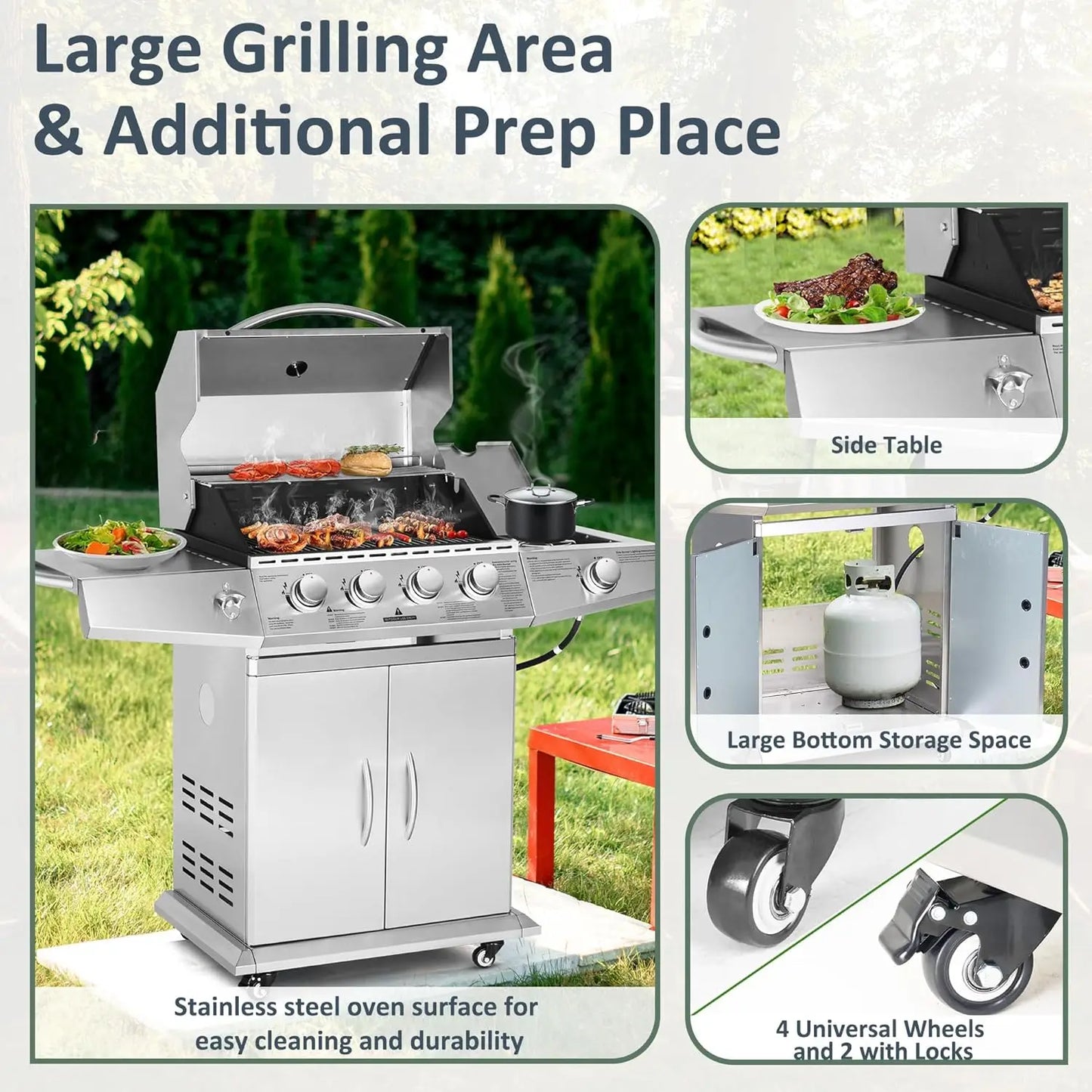 Propane Gas Grill 4 Burners with Side Burner, Stainless Steel Grill Cart with Wheels for Outdoor Patio Garden Backyard Cooking FREE Shipping