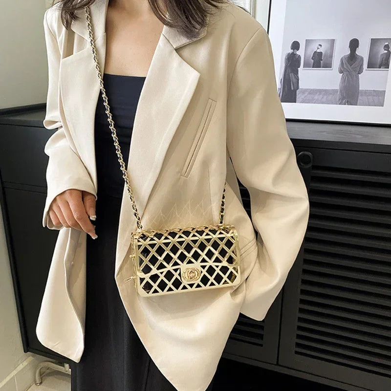 New Style Metal Small Square Handbag Lady Hollow Personality Elegant Evening Messenger Bag All-in-one Chain Shoulder Dinner Bags