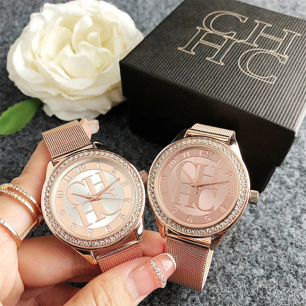 Carolina Herrera Elegant Logo Fashion Mesh Crystal Watch Design Sense Brand Stainless Steel Women's Watch Temperament High-end Diamond Watch FREE SHIPPING