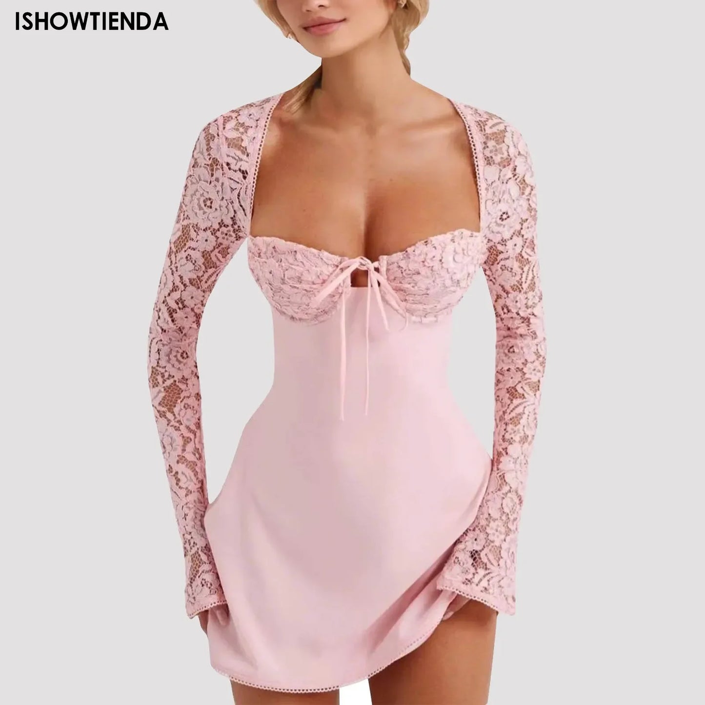 Women’s Elegant Bodycon Mini Dress Lace Long Sleeve White Dress For Spring Summer Low Cut Back Tie Dress Tunic Dress Party Wear Free Shipping