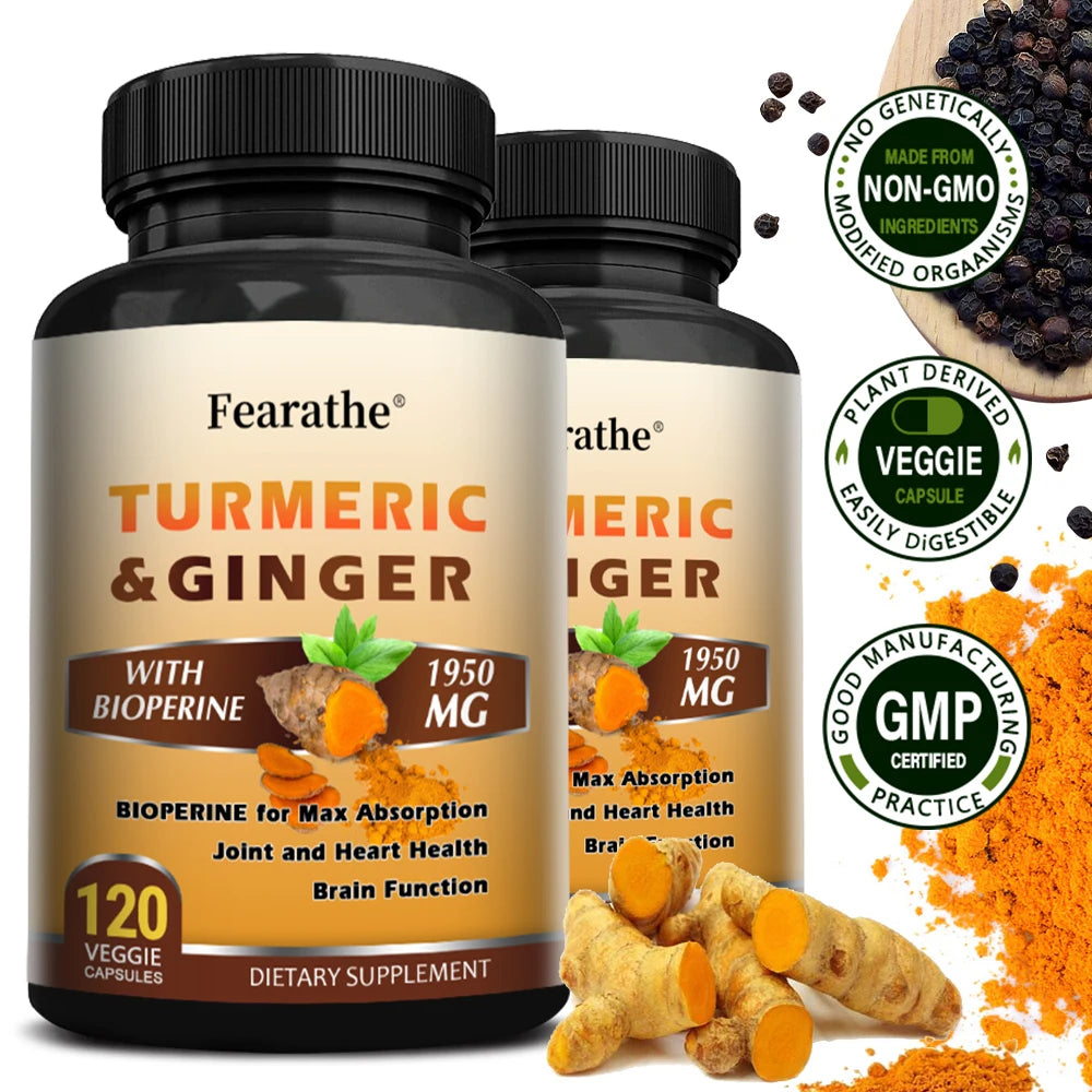 Turmeric Ginger Capsules with BioPerine 1950 Mg - Black Pepper for Better Absorption, Natural Joint, Heart and Brain Support FREE Shipping